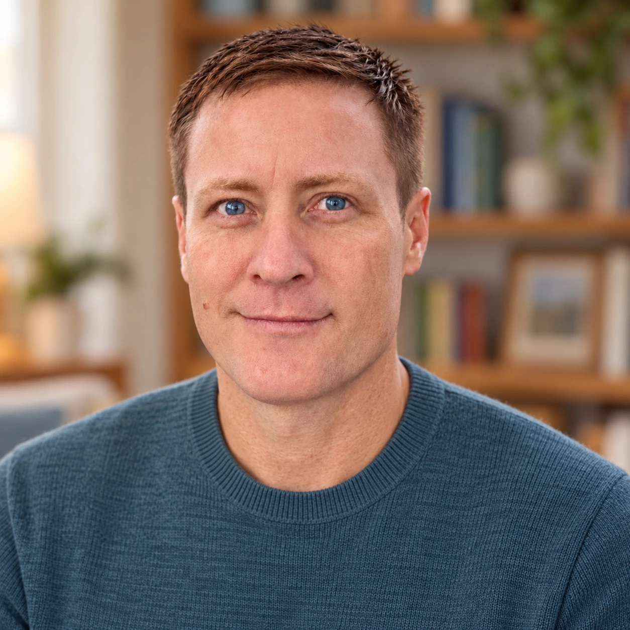 C. J. McGuire in front of bookshelves.