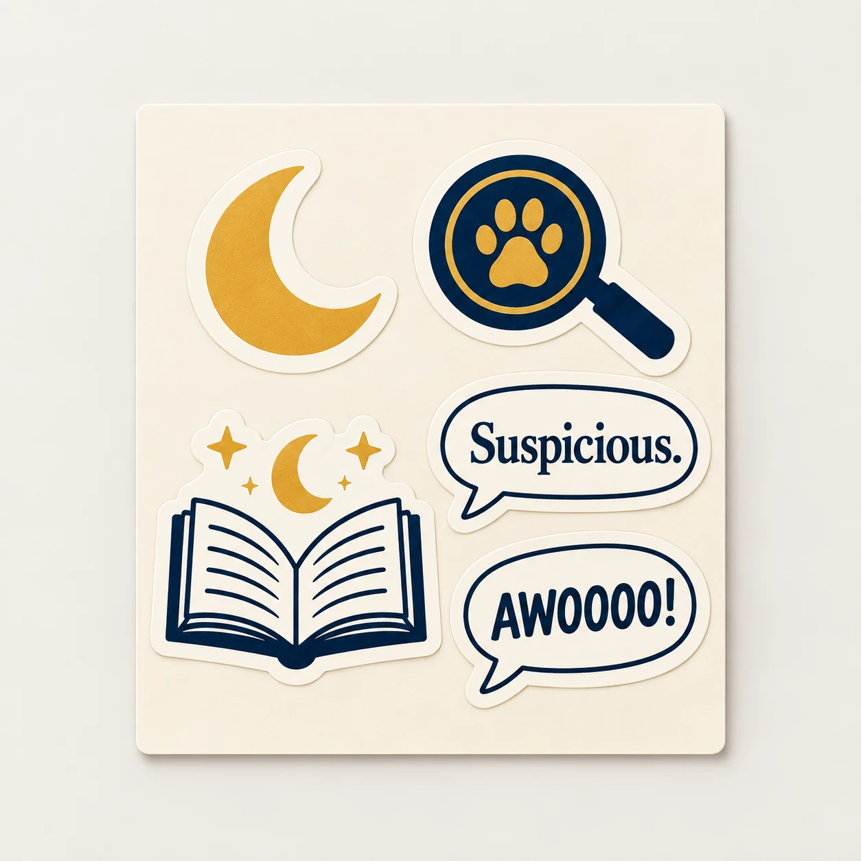 Concept mockup of a five-design detective sticker sheet in cream, navy and gold.