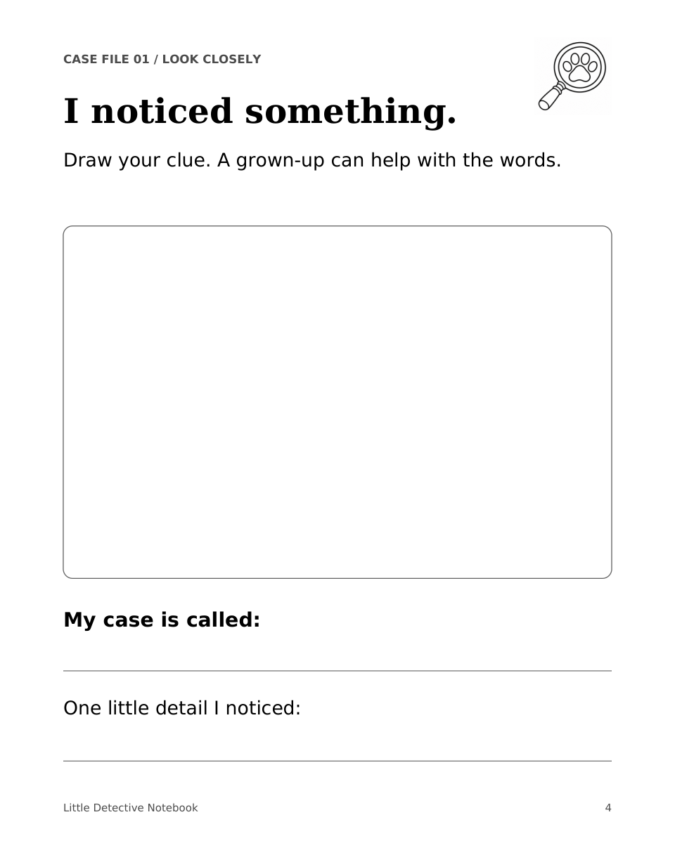 Draft notebook page with a large clue drawing box and space for a case name.