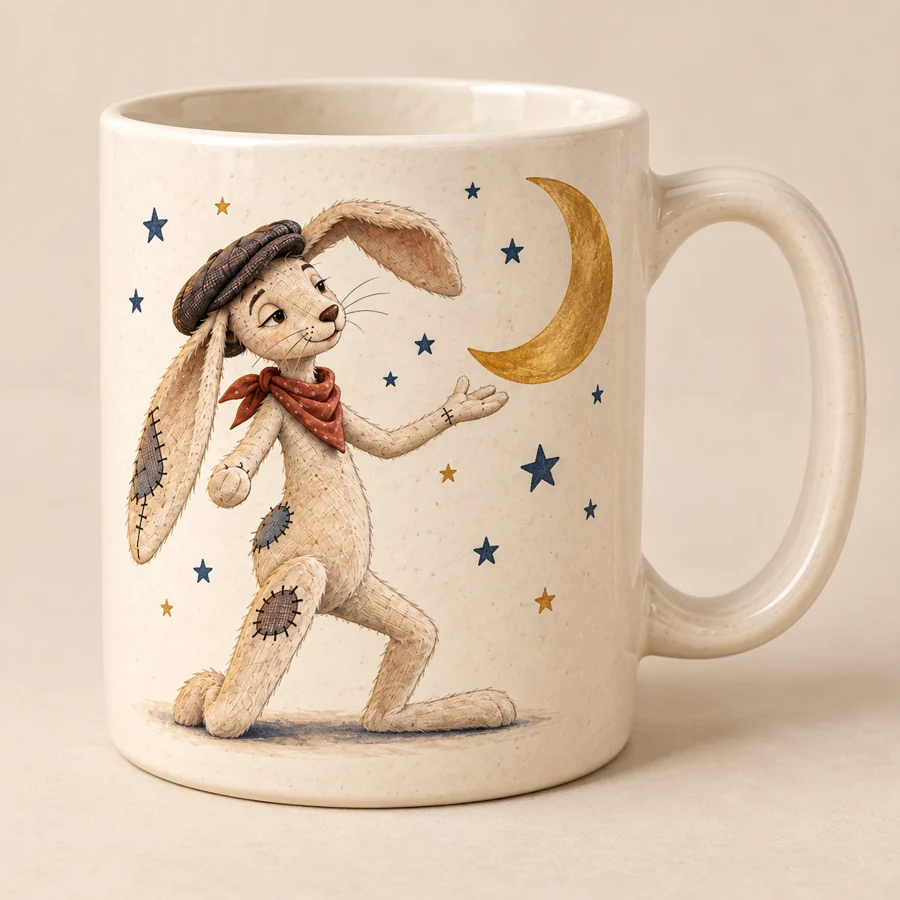 Concept mockup of a cream mug featuring Rabbit, a gold crescent moon and navy and gold stars.