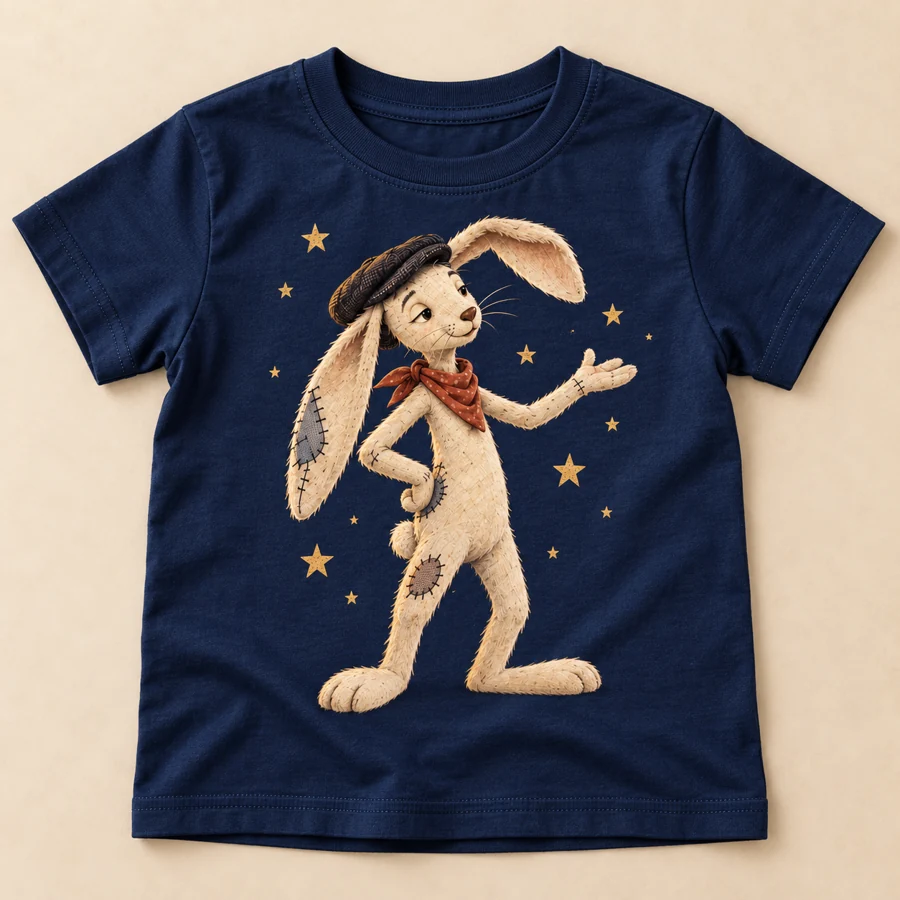Concept mockup of a navy child shirt featuring Rabbit, wearing his cap and red neckerchief, among gold stars.