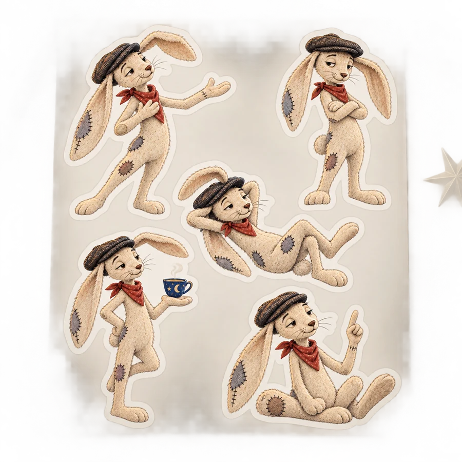 Concept preview of a sticker sheet showing five expressive poses of Rabbit in his cap and red neckerchief.