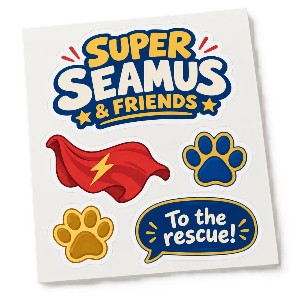 Concept mockup of a Super Seamus & Friends sticker sheet with series lettering, a red cape, paw badges and a To the rescue! speech bubble.