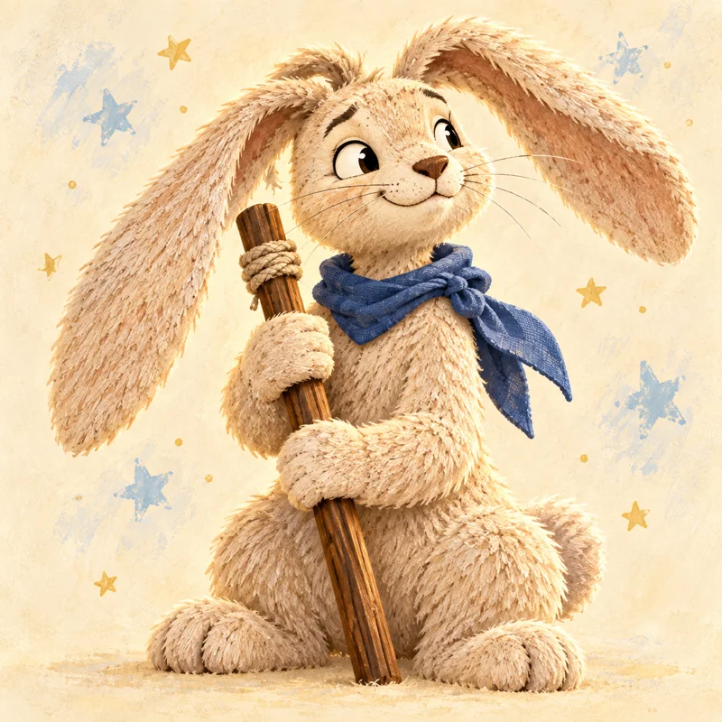 Bigly, a warm cream rabbit wearing a blue scarf, holds a wooden pole with a determined, helpful expression.