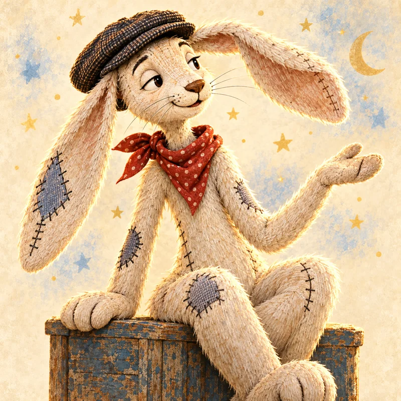Rabbit, a lanky patched ivory stuffed rabbit in a tweed cap and rust-red bandanna, gestures with a knowing smile.
