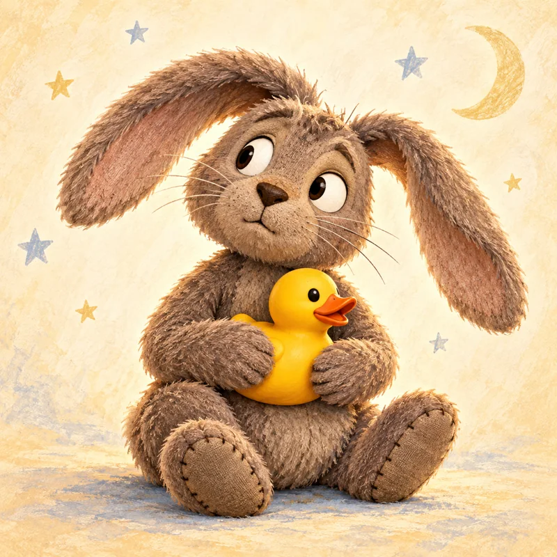 Ralph, a smaller taupe-brown rabbit with drooping ears, cradles a yellow rubber duck and looks quietly bemused.