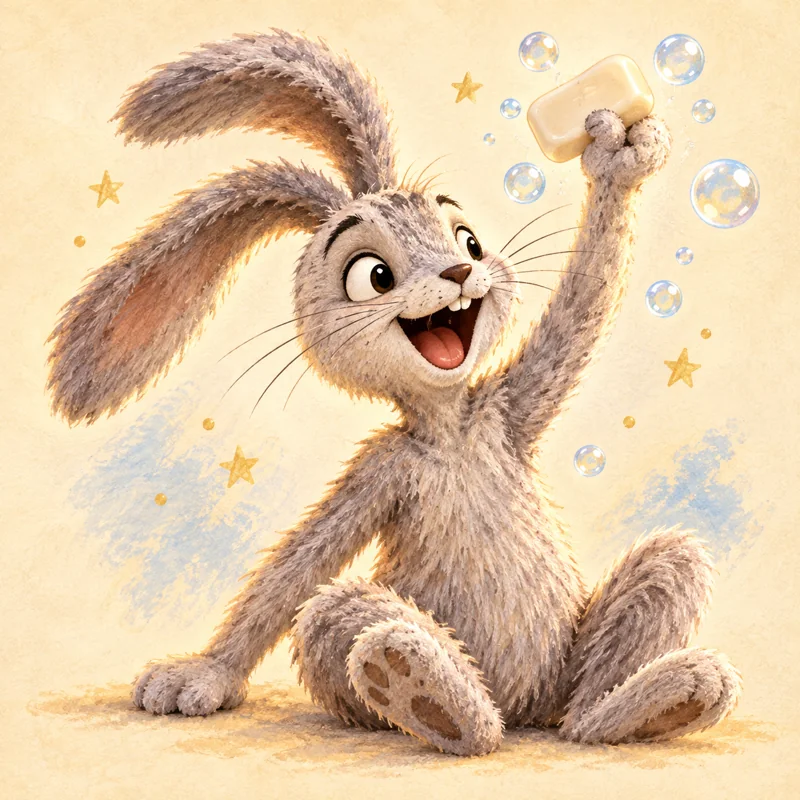 Schmigly, a lively silver-gray rabbit with long floppy ears, proudly holds a bar of soap.