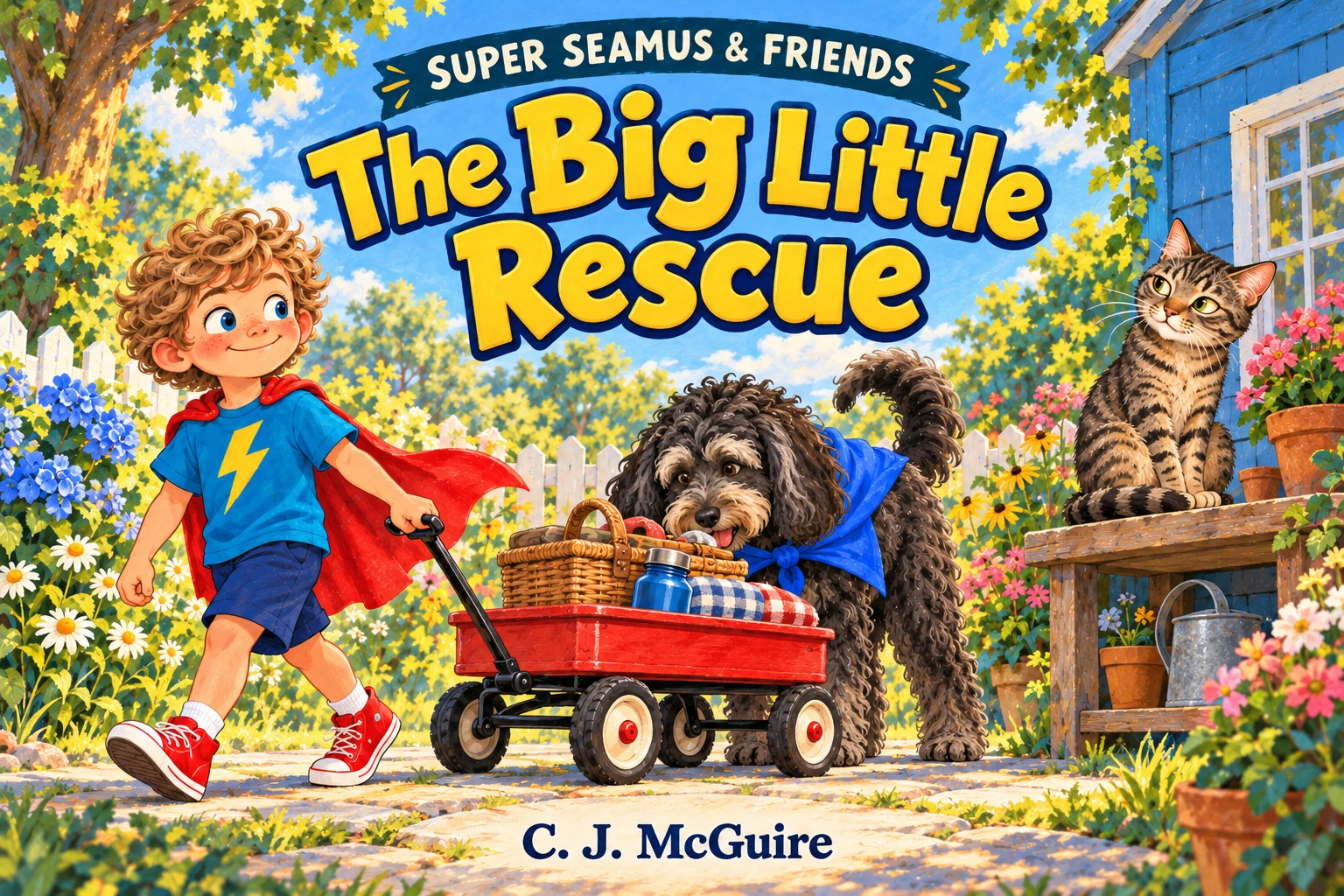 The Big Little Rescue cover concept: Seamus pulls a red wagon, Annie inspects the supplies, and Finn watches from a garden bench.